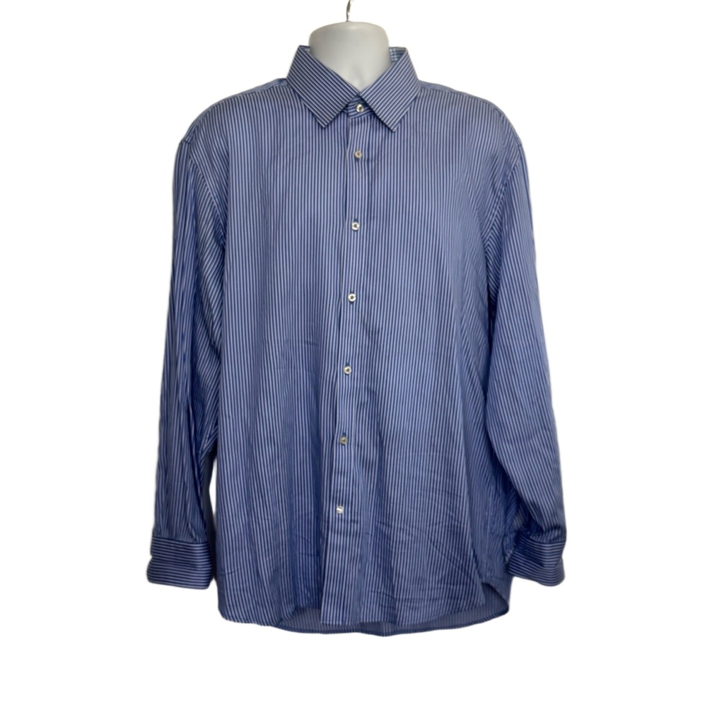 Robert Graham Blue White Pinstripe Long Sleeve Dress Shirt 100% Cotton 46/18 2XL